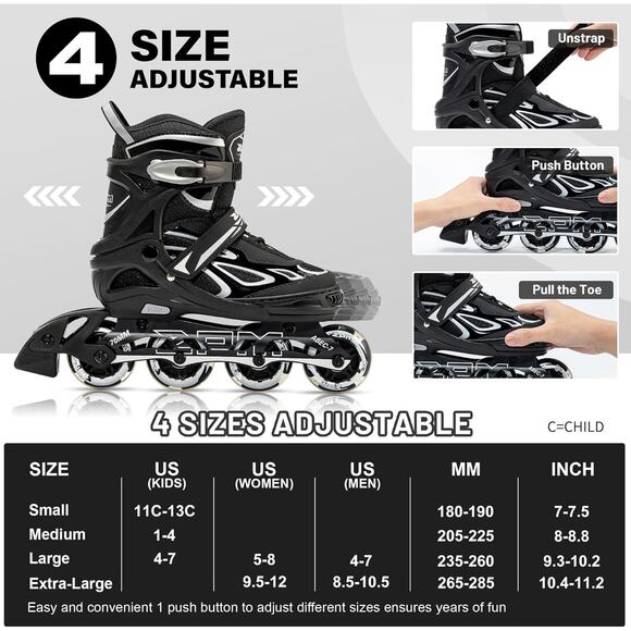 2PM SPORTS Vinal Adjustable Flashing Inline Skates, Wheels Light Up, Kids 4-7 Y - Picture 2 of 5